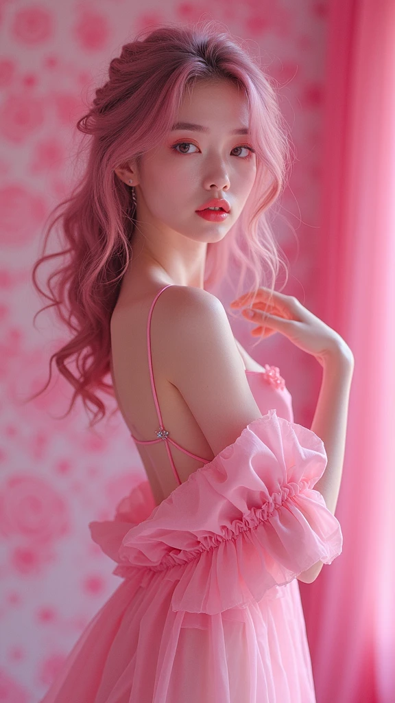 araffe girl in a pink dress posing for a picture, ribcage, ((pink)), pink body, pink skin, ulzzang, bubblegum body, pink girl, by Russell Dongjun Lu, skeleton girl, some pink, inspired by Yanjun Cheng, smooth pink skin, trending on cgstation, 🌺 cgsociety, cai xukun, high quality, (RAW photo, best quality), (realistic, photorealistic: 1.4), (extremely delicate and beautiful: 1.4), amazing, fine details, masterpiece, ultra detailed, high resolution, best illustration, best shadow, intricate, ( extremely intricate: 1.2), (exquisitely detailed skin), cinematic light, perfect anatomy, (cool color: 1.4), sharp focus, 8k UHD, DSLR, (Fujifilm XT3),(fondo huesos de Esqueleto humanos :1.4),( tiene huesos visibles Esqueleto :1.4), (colores brillantes)