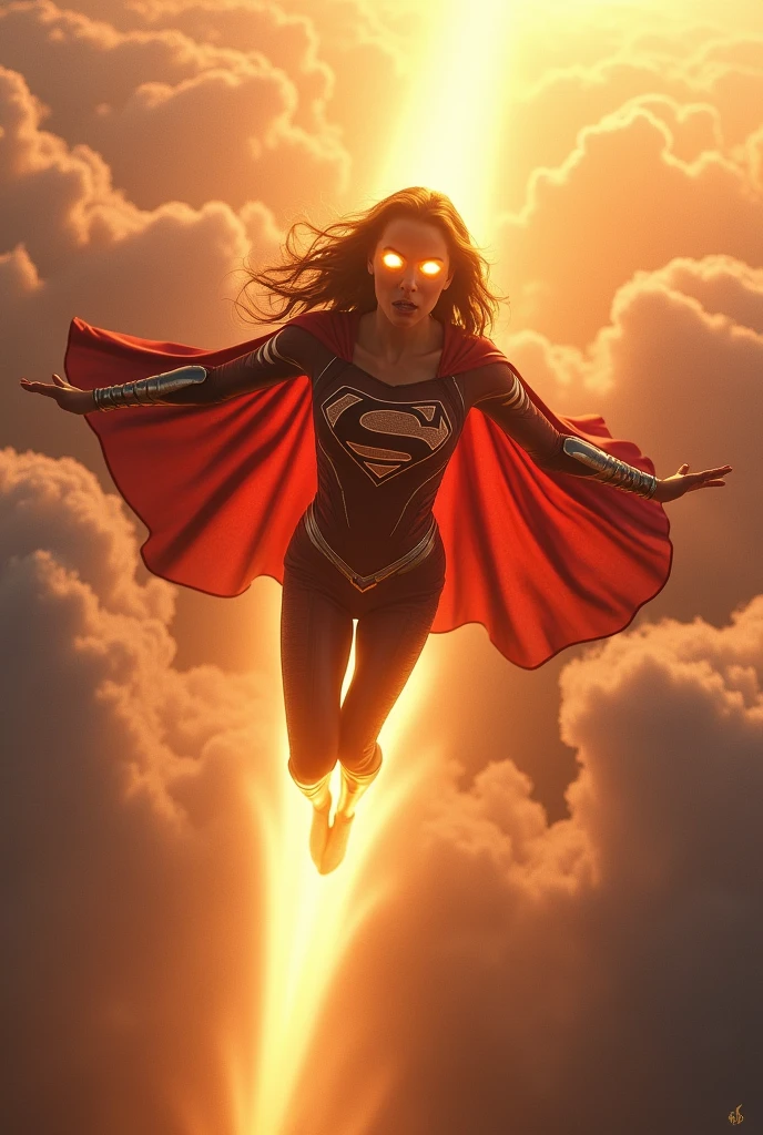 Superwoman flying at sky with burn eye