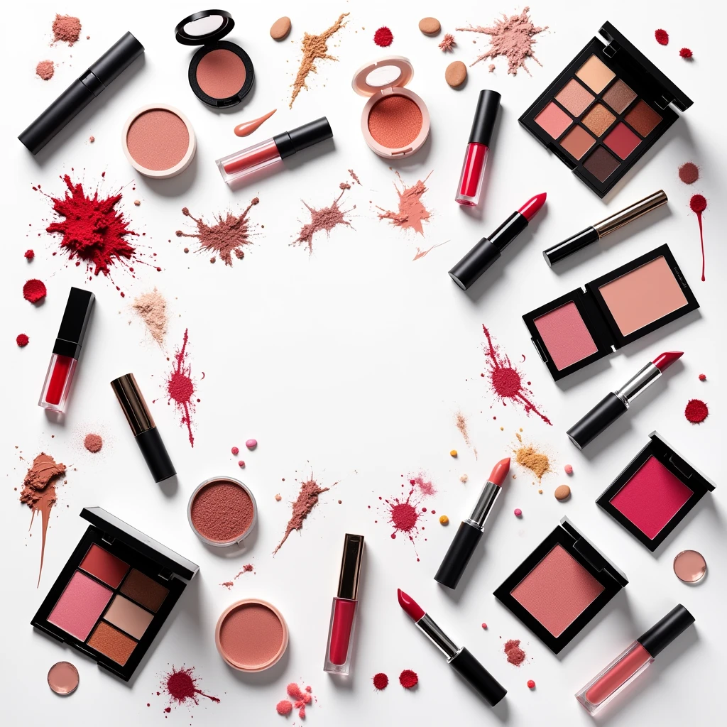 "White background with a variety of colorful cosmetics, scattered in a fashion editorial style, giving a vibrant and diverse look."