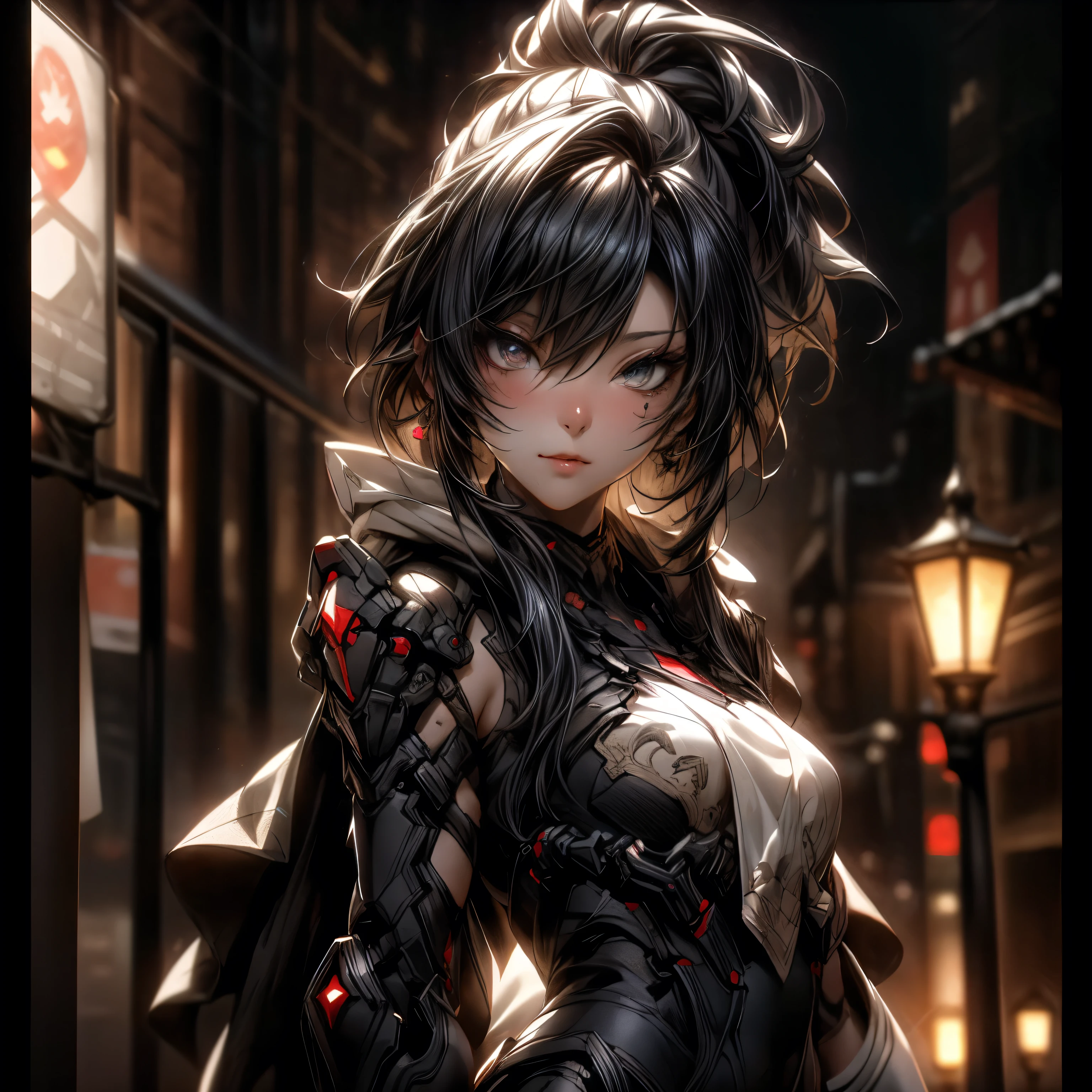 (best quality)), ((Masterpiece)), (details:1.4), 3d, HDR (high dynamic range), an image of a beautiful cyberpunk female, fantasy, Cyberpunk, Medieval, Black hair, Highi ponytail, Hips up, Beautiful white eyes, จมูกโด่ง, ปากแดง, หน้าอกใหญ่, nvidia RTX, PBR surface, After processing, Anisotropic filtration,depth of field, Maximum clarity and clarity, multi-layered surface, Subsurface scattering, perfect proportions, 8K raw files, ultra detailed, Perfect proportions, volumetric lighting, soft lighting, Holy Paladin, Heavy Black Armor, glossy skin, intricate silver embroidery, Red dress, Castle background, jewely, ต่างหู, นิ้วมือสมบูรณ์,