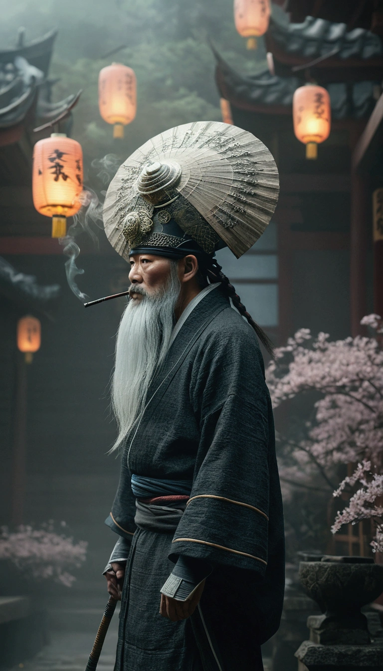 Long Bearded、There is a man wearing a hat, Detailed bushido shaped smoke, Fantasy movie stills, Ancient Japanese monks, Cinematic. Ren Jun, Ultra-detailed fantasy characters, society ), Portrait Shot, society uhd 4k highly detailed, Inspired by Wu Daozi, beeple and jean giraud, Japanese gods and monsters、face、fog、Drift、cloud、Flowing、dim、Highest quality、8k