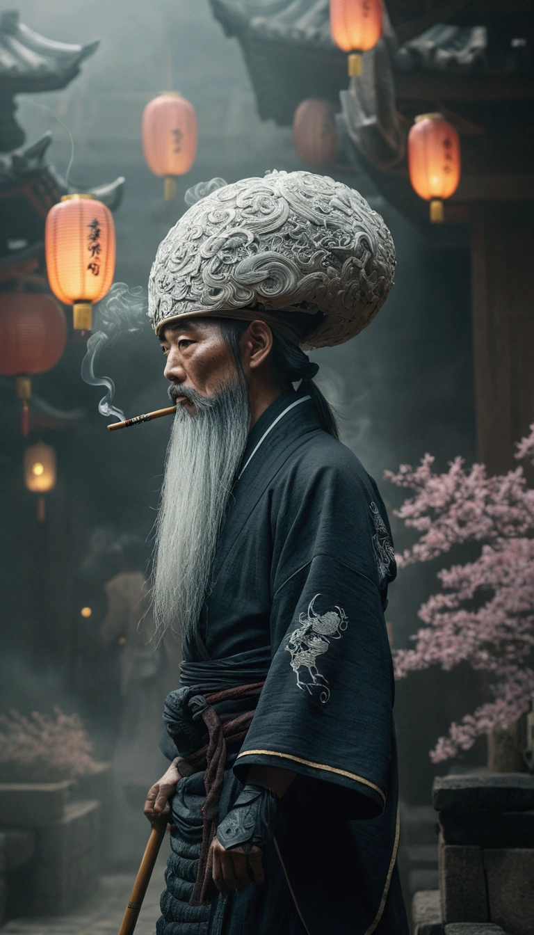 Long Bearded、There is a man wearing a hat, Detailed bushido shaped smoke, Fantasy movie stills, Ancient Japanese monks, Cinematic. Ren Jun, Ultra-detailed fantasy characters, society ), Portrait Shot, society uhd 4k highly detailed, Inspired by Wu Daozi, beeple and jean giraud, Japanese gods and monsters、face、fog、Drift、cloud、Flowing、dim、Highest quality、8k