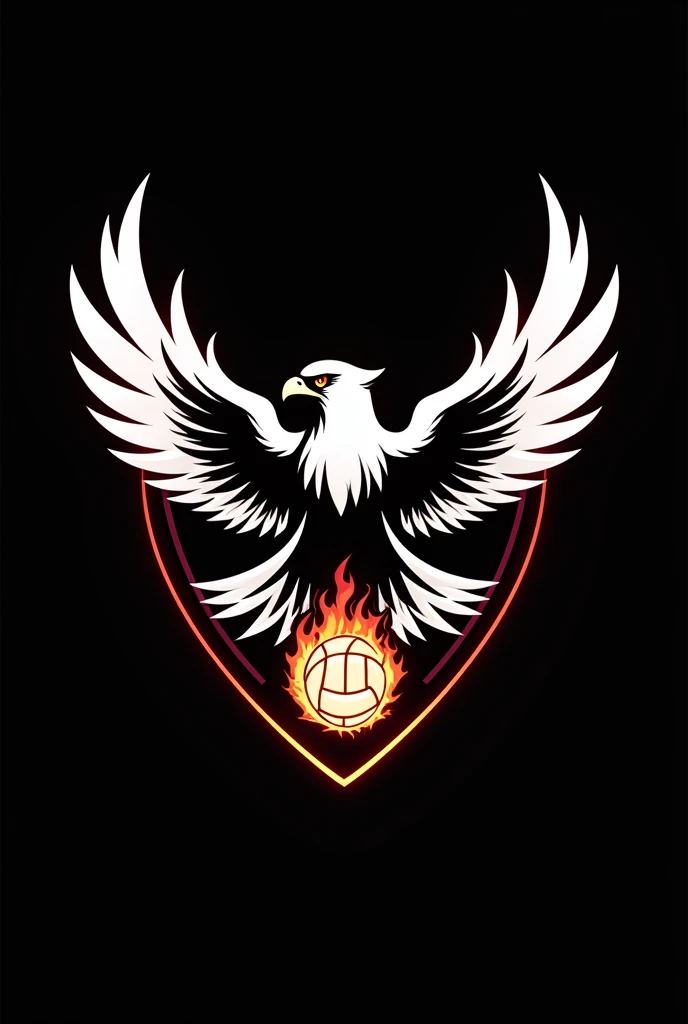 Generate a logo for a volleyball team with a black background and that is made up of a Falcon with a white aura and fire coming out of its wings, a volleyball in the center and a shield