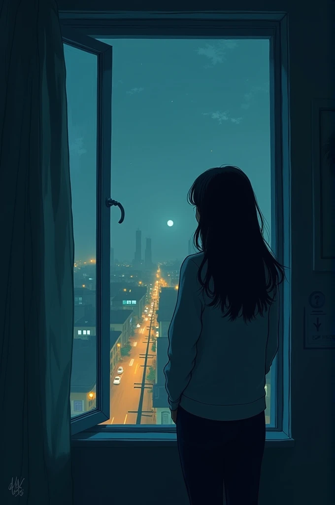 someone is looking out of a window at the city at night, lo-fi illustration style, calm night. digital illustration, inspired by Liam Wong, watching night streets, lo-fi art, laurie greasley, in style of laurie greasley, lofi artstyle, open window at night, lofi art, lofi portrait at a window, by Liam Wong