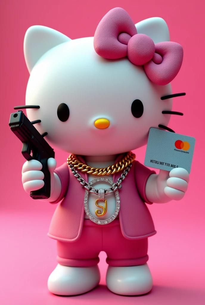 (Hello Kitty white) (3D format) Pink background, that he is holding a credit card in one hand showing it from the front and in the other hand he has a black Glock (that this arm is raised above) (that Hello Kitty has Cubans with diamonds on her neck)