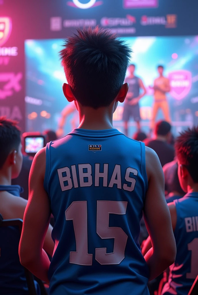 A boy playing for India free fire eSports with his Jersey named as b i b h a s having a muscular body
