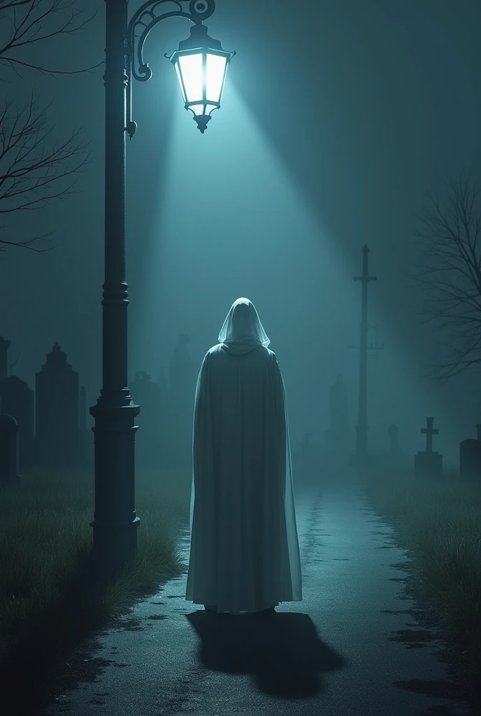 One night a tall man in a white robe was standing under a road lamppost with his backside visible and road side a graveyard