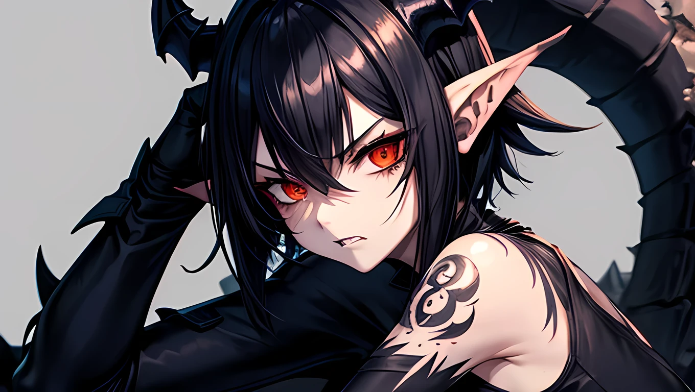 1 monster girl, tomboy, 25 yo, serious face, crack tatto on face, black short hair, dragon horn on head, scary, dark, fantasy, shinning red eyes, fang, magician, dark scales, abyss, abyss monster