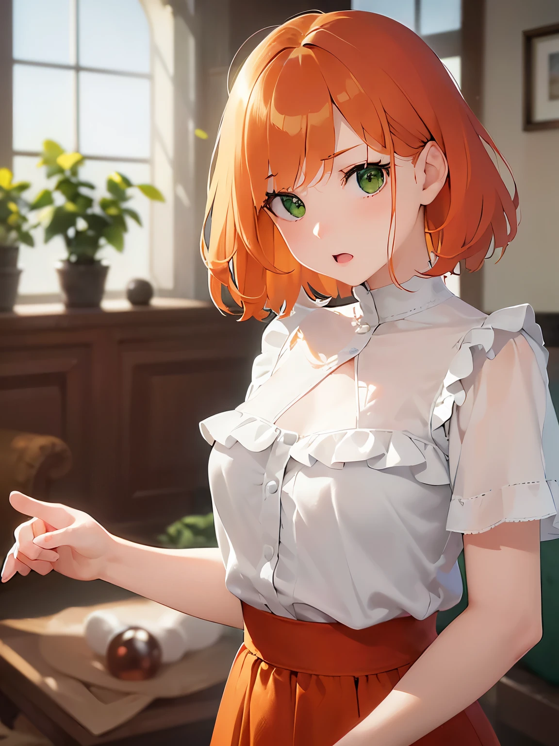 pointing, Biologically correct five fingers、Upper Body, Realistic, real person, (pale skin: 1.2), RAW photo, photorealistic, shiny skin, shiny hair、(A 2 woman with a bob cut and bangs) and (wavy hair) and (orange Hair) and (green eyes) , white ruffled blouse、(surprised:1.3), The background is the living room、alone、Are standing