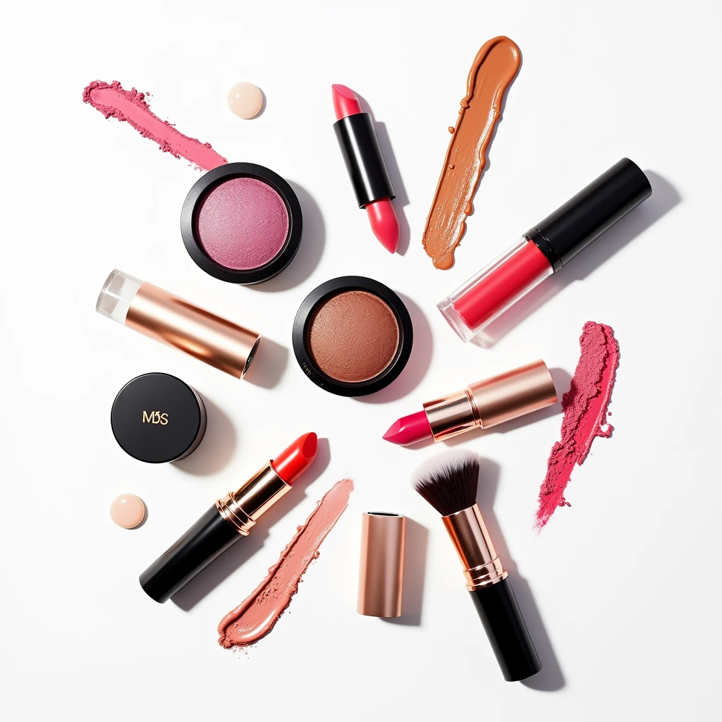 "White background with colorful and diverse cosmetics including lipsticks, foundation, cushion compacts, and brushes, scattered in a fashion editorial style."