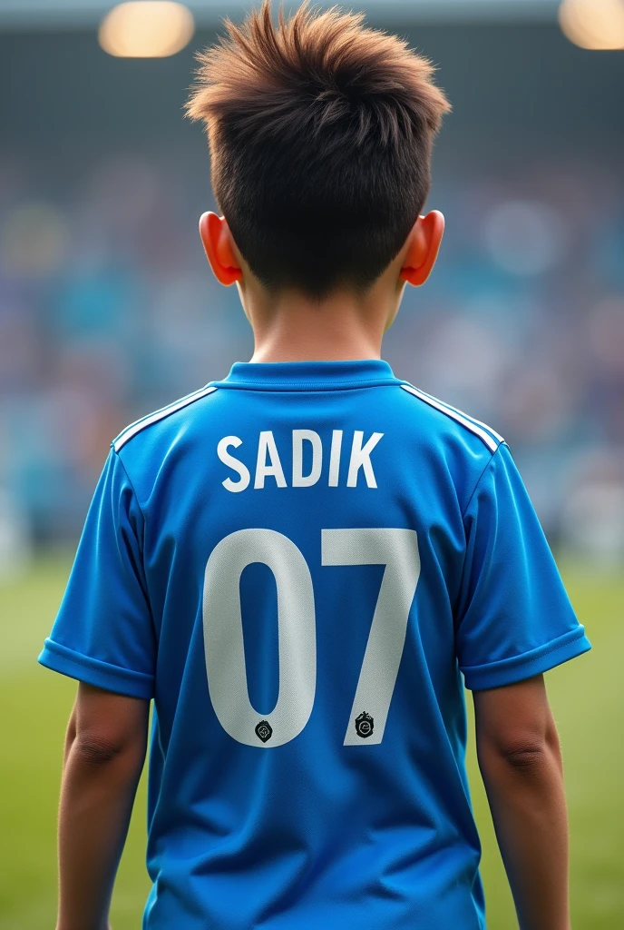 boy wearing a blue jarsey. And the jarsey number is 07.Show the backside.show the name of jarsey Sadik