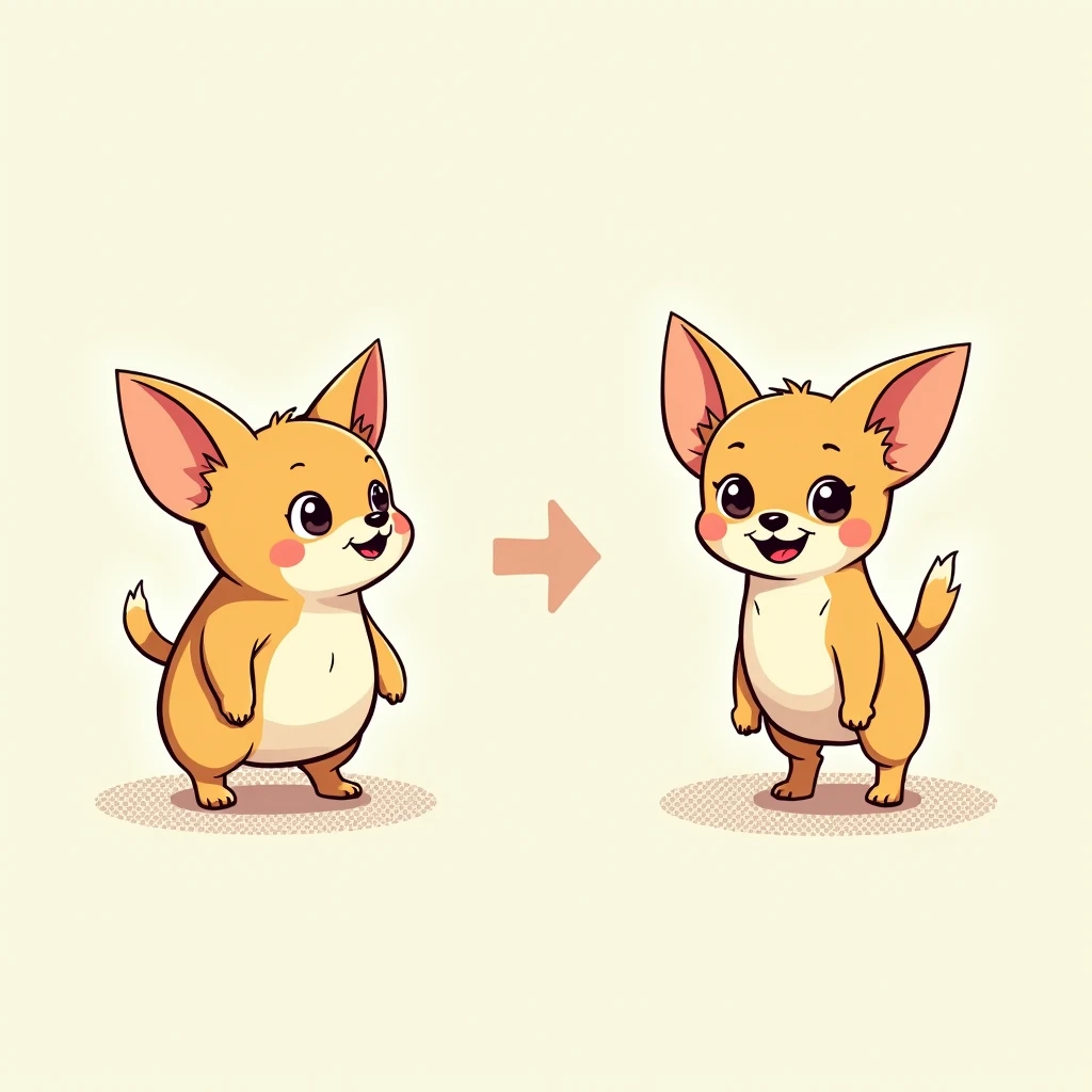 Chibi Style, 2-panel cartoon, dot halftone, Flat Color, Chihuahua successfully diets,Please draw the before and after,It looks like it&#39;s hard for a fat Chihuahua,Skinny Chihuahua looks happy