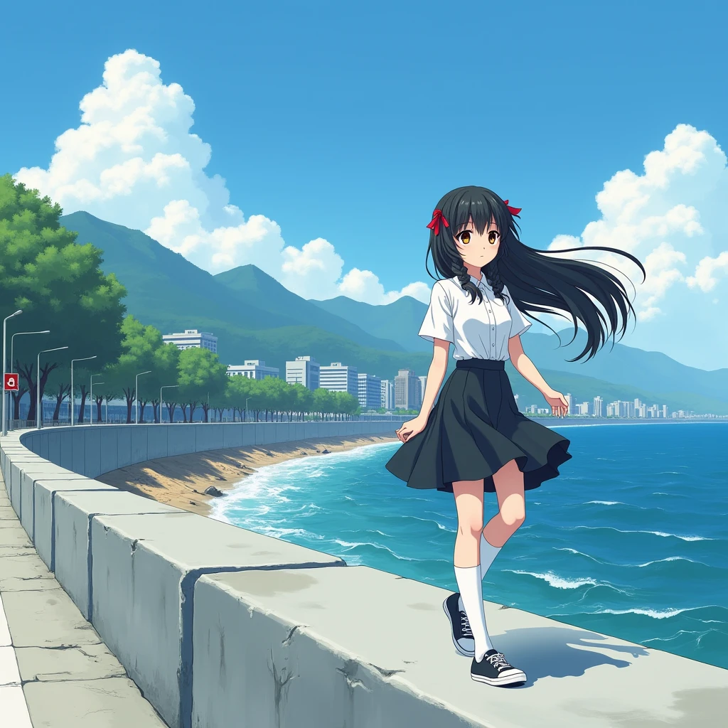 Anime Style,
Ocean沿いを歩く一人の少女.
The girl is wearing plain clothes, She is wearing a white blouse with short sleeves and no collar., Wearing a black flared skirt, 
Wearing white knee-high socks, Wearing sneakers.
Her hair is very long and black, with low twin tails and red ribbons..
Not high pigtails, Not half-up,
Late teens, Small breasts, Has dark brown eyes.
Concrete revetment, Ocean, Ocean岸線, Mountain, Streetscape,
Daytime, from front.