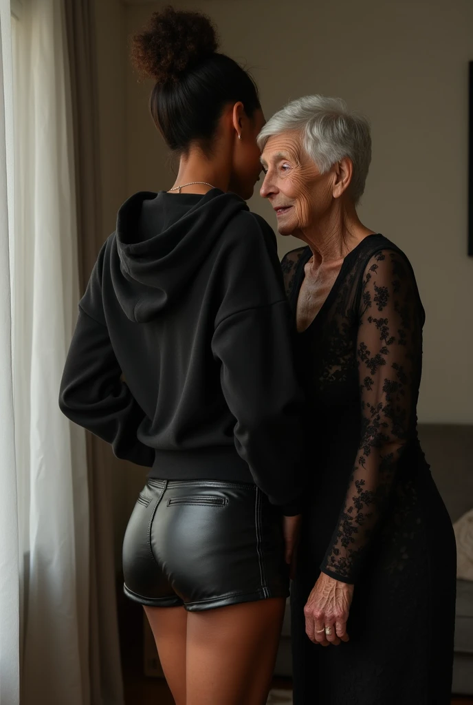 black woman hair in a bun black hoodie   black leather short shorts  being fucked in the ass by a old grandma in a dress
       