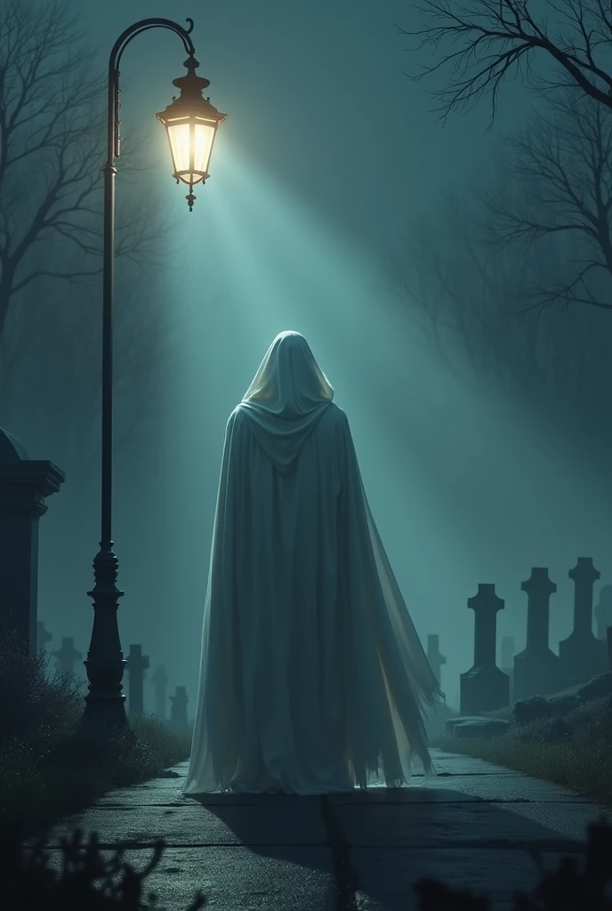 One night a tall man in a white robe was standing under a road lamppost with his backside visible and road side a graveyard 