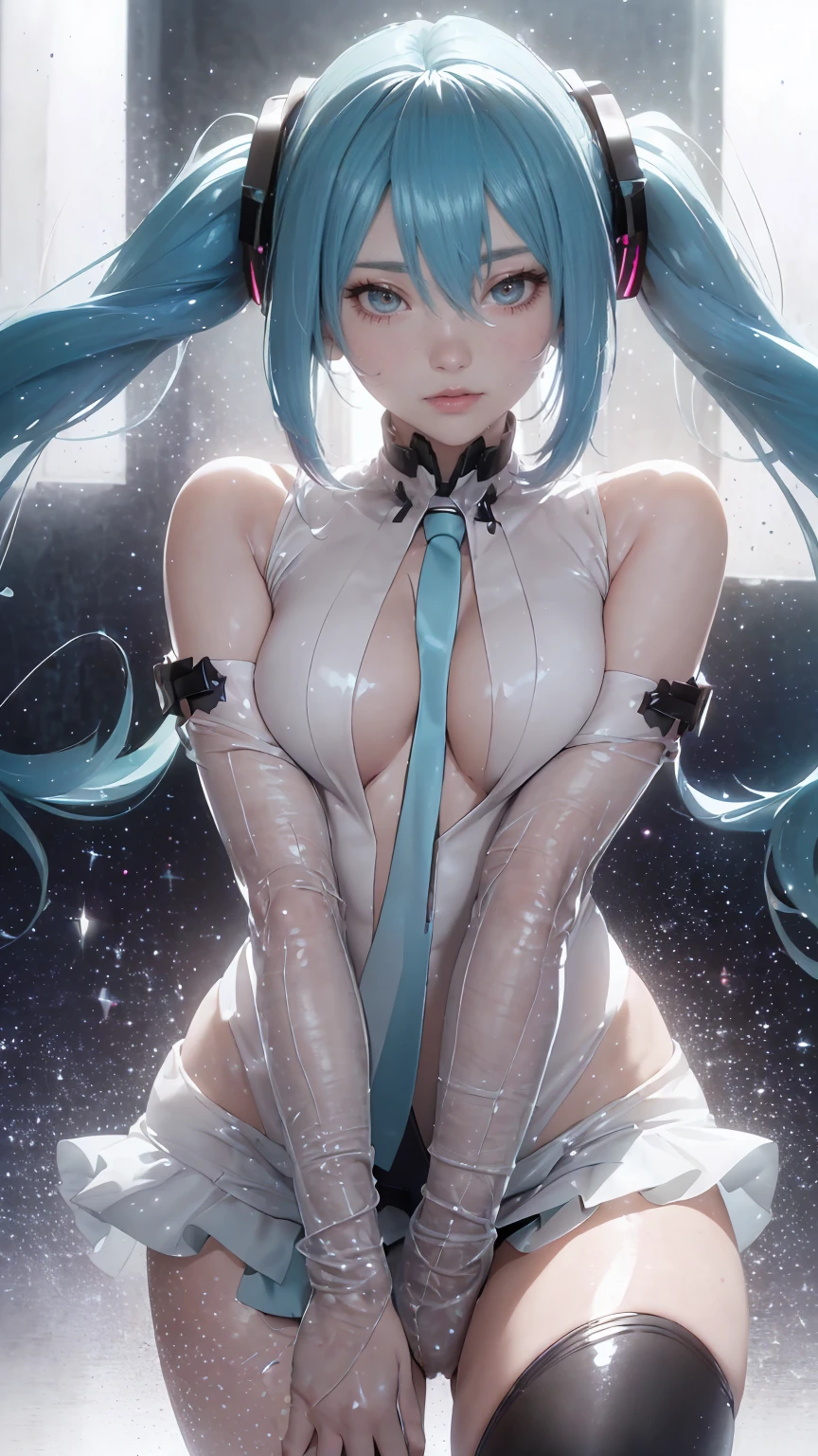 Hatsune Miku, depth of field bloom, contour deepening beautiful details shine, very fine and beautiful, full_body, from_side, figure as the main point of view, spread_legs, highly detailed body, pubic hair, pubic hair, nipple, open legs, thin clothes, girl, woman, woman, young, 20 years old, long hair, wavy hair, wilted bangs, long bangs between the eyes, floating hair, sidelocks, pink hair, multicolored hair, beautiful detailed glass hair, real detailed face, grinning, beautiful detailed deep eyes, open_mouth, bare_shoulders, delicate hands, one leg raised, medium_breasts, midriff, green eyes, real skin texture, piercing, transparent, no_bra, black_ thighhighs, see-through, open_ clothes, thigh_gap, pixel particle explosion, detailed and beautiful, highly detailed light, light, very fine 8K CG wallpapers, highly detailed CG unification 8k wallpapers, highly detailed CG Unity 8k