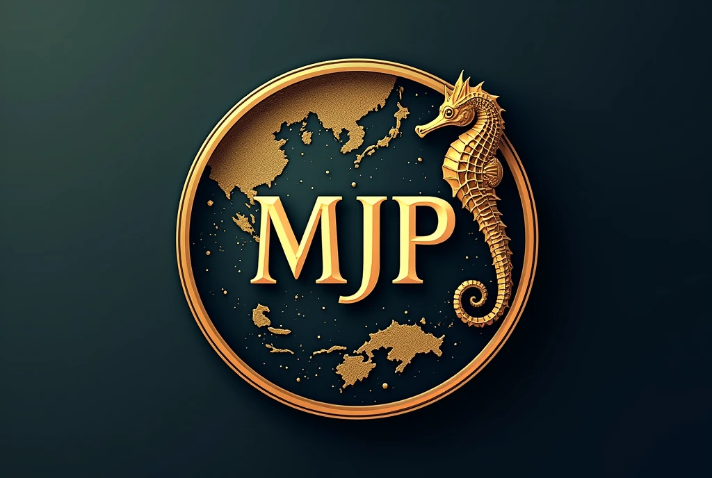 A logo design was created with the letters MJP in the center.。.. Seahorse design on the outer periphery. Japanese style、high quality, A luxurious image. In the center is a map of Japan、Malaysia map hidden..
The outer edge is a high-quality gold frame.