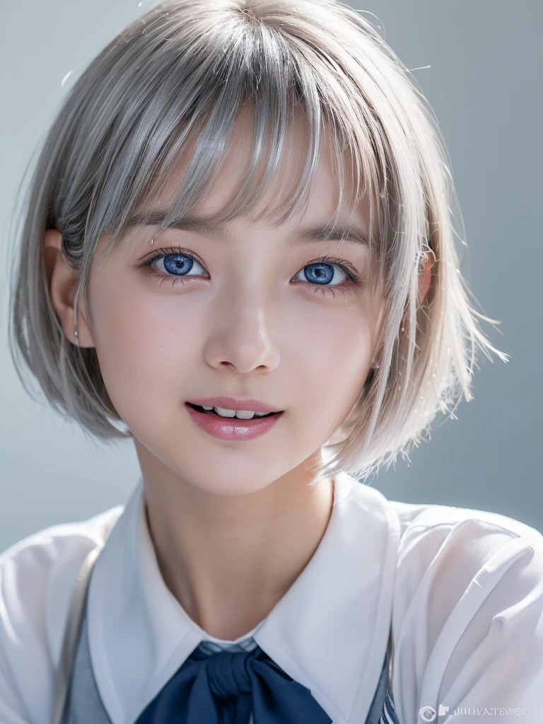 NSFW,(A portrait of a young cutie beautiful girl in school uniform:1.5), with a bright expression, glowing white skin,shimmering cheek, small face,(best looks:1.5),(silver short hair:1.75),(shimmering clear alluring bright large pale blue eyes,downturned eyes,charming eyes,balanced eyes,eyeliner,charming smile,perfect bust:1.25),masterpiece,photorealistic, 16k, high quality, masterpiece,realistic portrait,high resolution fix,(Ecstasy,Orgasm face,sexual climax:1.25)