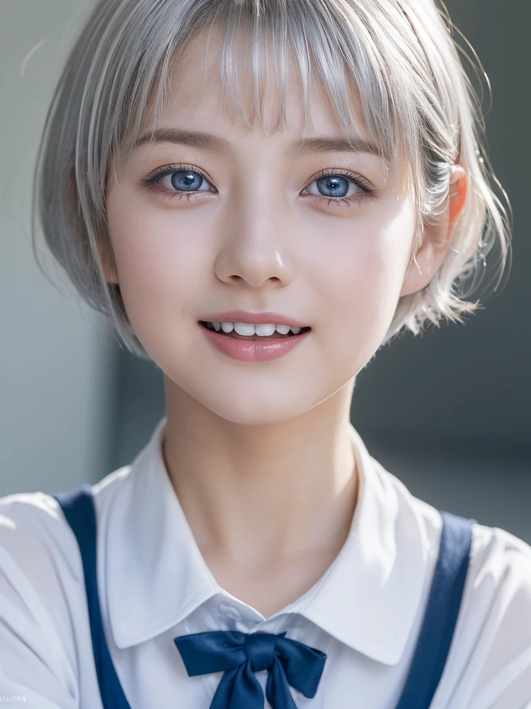 NSFW,(A portrait of a young cutie beautiful girl in school uniform:1.5), with a bright expression, glowing white skin,shimmering cheek, small face,(best looks:1.5),(silver short hair:1.75),(shimmering clear alluring bright large pale blue eyes,downturned eyes,charming eyes,balanced eyes,eyeliner,charming smile,perfect bust:1.25),masterpiece,photorealistic, 16k, high quality, masterpiece,realistic portrait,high resolution fix,(Ecstasy,Orgasm face,sexual climax:1.25)