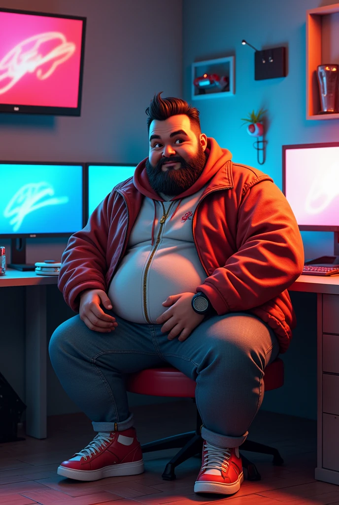chubby man, bearded, nya, gamer and stylish