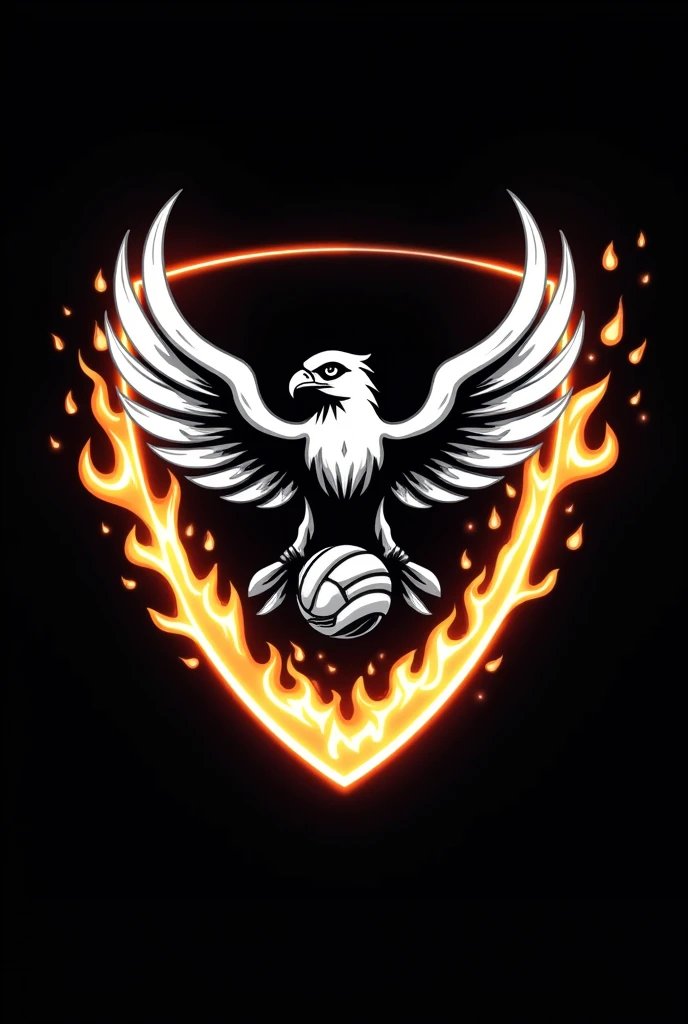 Generate a logo for a volleyball team with a black background and that is made up of a Falcon with a white aura and fire coming out of its wings, a volleyball in the center and a shield