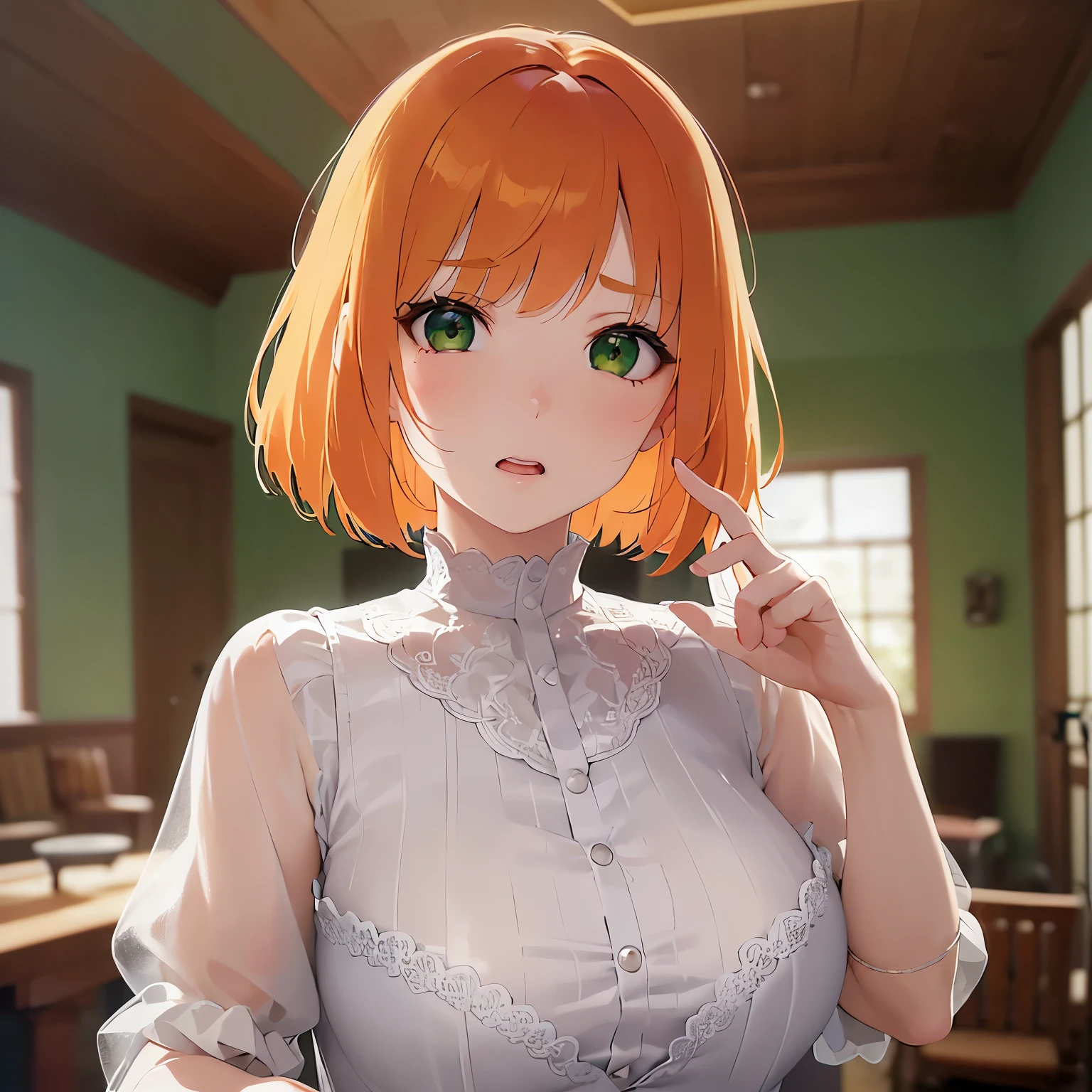 pointing, Biologically correct five fingers、Upper Body, Realistic, real person, (pale skin: 1.2), RAW photo, photorealistic, shiny skin, shiny hair、(A 2 woman with a bob cut and bangs) and (wavy hair) and (orange Hair) and (green eyes) , white ruffled blouse、(surprised:1.3), The background is the living room、alone、Are standing