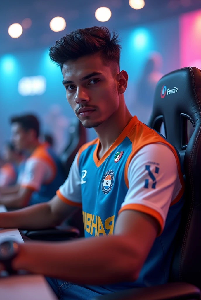 A20yes old boy playing for India free fire eSports with his Jersey named as b i b h a s having a muscular body