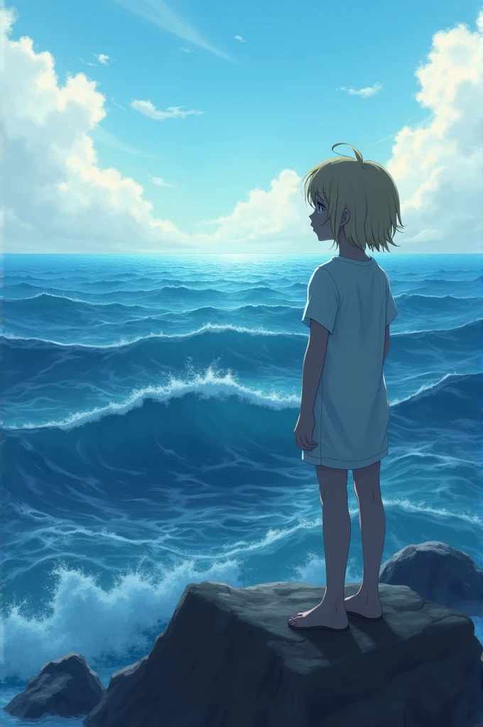 A blonde girl with short hair,white watching the sea 