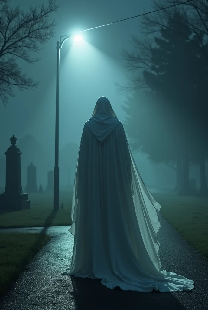 One night a tall man in a white robe was standing under a road lamppost with his backside visible and road side a graveyard