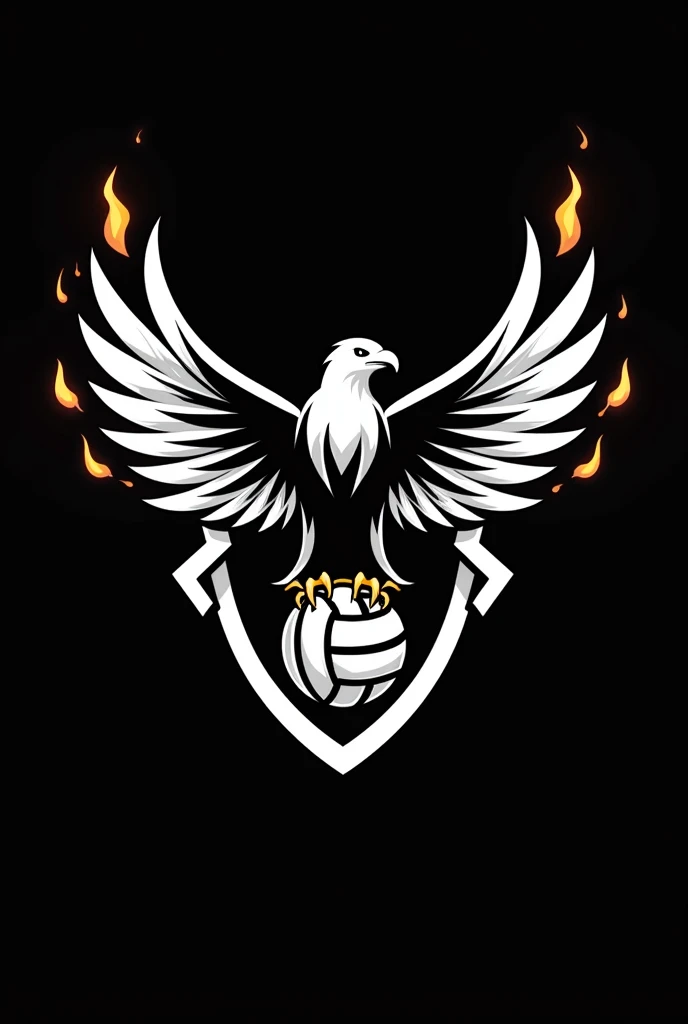 Generate a logo for a volleyball team with a black background and that is made up of a Falcon with a white aura and fire coming out of its wings, a volleyball in the center and a shield