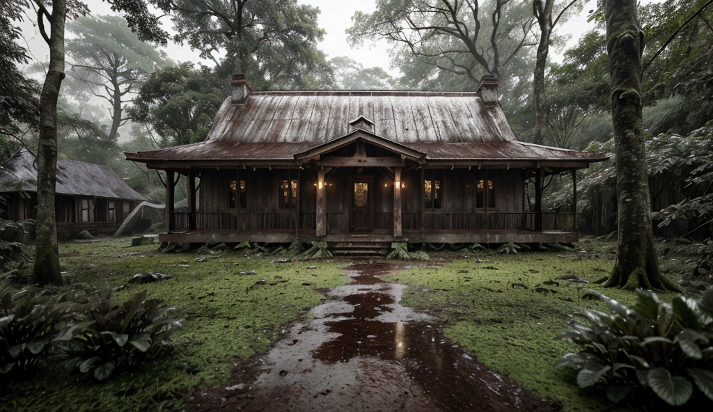 A rainy night in the middle of a dense and lush forest. In the middle of the scenery stood an old, weathered house, its wooden walls worn out by time. The house had a zinc roof. Surrounding the house were towering trees with thick, shady canopies, their branches swaying gently in the wind. The rain fell heavily, soaking the roof and leaves, forming small puddles on the ground. The forest floor was covered in wet moss and fallen leaves, adding to the damp and mysterious atmosphere. The scene was serene yet eerie, with the old house looking like a hidden sanctuary in the middle of a vast, dark forest.
