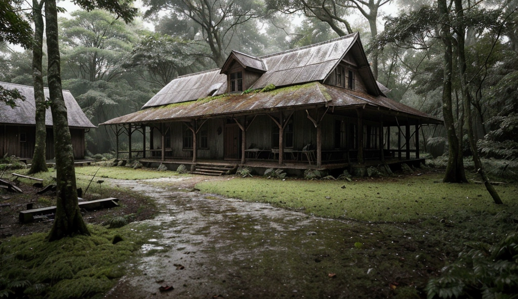 A rainy night in the middle of a dense and lush forest. In the middle of the scenery stood an old, weathered house, its wooden walls worn out by time. The house had a zinc roof. Surrounding the house were towering trees with thick, shady canopies, their branches swaying gently in the wind. The rain fell heavily, soaking the roof and leaves, forming small puddles on the ground. The forest floor was covered in wet moss and fallen leaves, adding to the damp and mysterious atmosphere. The scene was serene yet eerie, with the old house looking like a hidden sanctuary in the middle of a vast, dark forest.