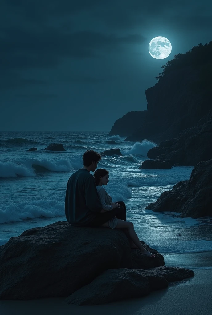 A 2 man is sitting on a rock by the sea at night. And a 2 woman is sitting with her head in that boy's room.