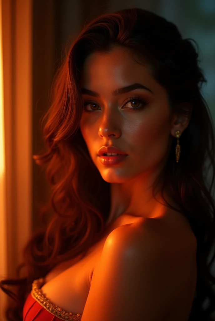 a curvy, sensual young woman, 8k dslr camera, erotic scene, detailed face, beautiful eyes and lips, long eyelashes, provocative pose, dramatic lighting, cinematic framing, warm color tones, glowing skin, photorealistic, masterpiece, best quality, 4k