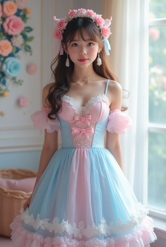 (Highest quality、masterpiece、8k、Best image quality、Hyperrealism、Award-winning works)、1 cute beautiful girl、(alone:1.1)、(1 photo:1.1)、(cute, Girlish, A sheer lolita dress in light pink and light blue:1.2)、(Cute Girlish big ribbon:1.1)、(Cute and luxurious hair accessories:1.1)、(The perfect Lolita dress with attention to detail:1.2)、(A cute dress with frills and ribbons:1.1)、(cute lolita dress with lace decorations:1.1)、(Cute Girlish lolita wavy hair:1.1)、(Low length:1.1)、(height: 140cm:1.1)、(Very large breasts:1.5)、(Glamorous Body:1.5)、(Big cleavage:1.5)、(Pink Roses:1.1)、(cute heart symbol:1.1)、Cute Lots of frills、(Big cute ribbon:1.1)、Accentuate your body lines、Slender body、Standing Elegantly、(Pastel color Girlish and luxurious lolita room background:1.1)、(A fairytale lolita room with attention to detail:1.1)、(cute light blue decorative wall:1.2)、(cute room with a Girlish atmosphere in pastel colors:1.1)、(cute room with very bright and shiny pastel colors:1.4)、(A very bright and shiny room:1.2)、(Full of pastel colors:1.2)、(very bright and vivid:1.4)、(cute pastel color wall decoration:1.2)、Blurred Background、Standing Elegantly Girl、Accurate ???????、Perfect Makeup、Long eyelashes、Glossy Lips、Ultra HD glossy skin、(Ultra-high definition, bright and beautiful skin:1.2)、(Super bright and radiant skin:1.2)、Ultra-high definition glossy lips、Ultra-high definition beautiful teeth、Light brown and blonde hair、Light brown eyes