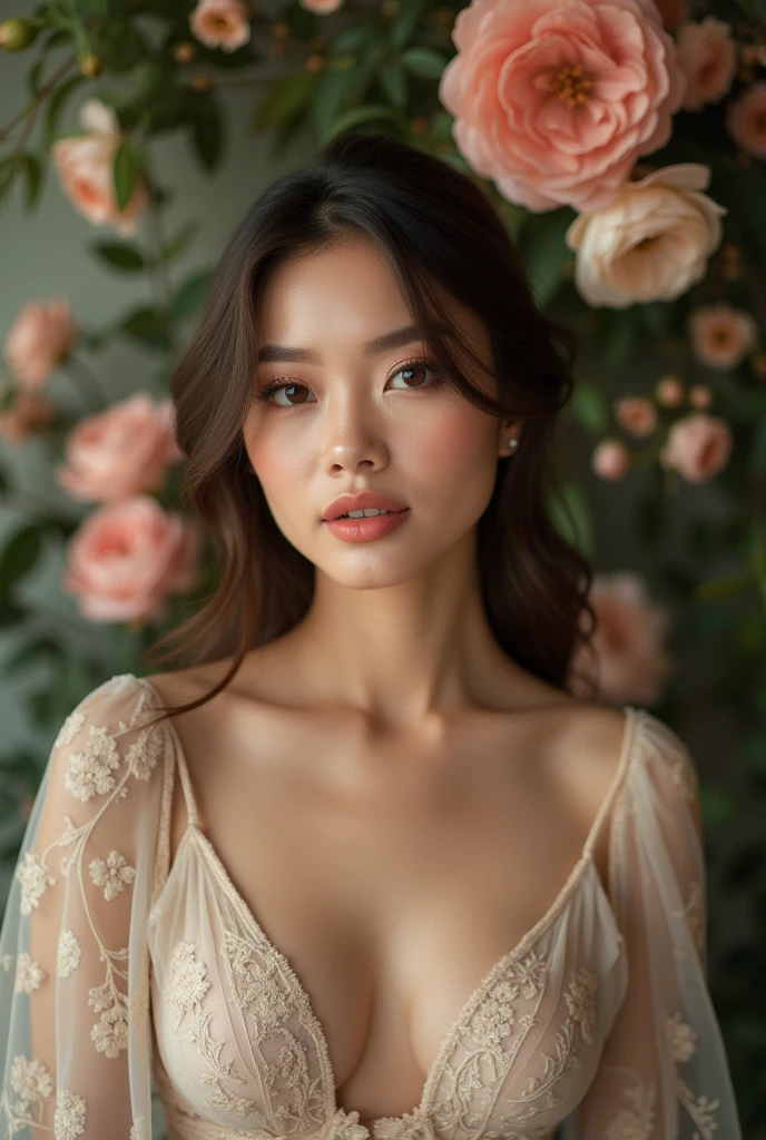 photo makeup avatar baeuty photography concept in a very nice studio decorated with flowers and trees