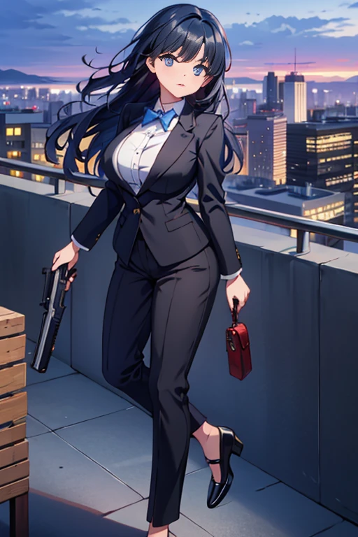 Highest quality、Ultra HD、One Woman、(long black hair 1.3)、(Black Suit 1.3)、(shirt)、(Black smart long pants 1.1)、(Slender body)、((1 who has a gun.5))、(Beautiful face with slits 1.2)、(Black leather shoes 1.2)、Large Breasts、tall、(Daytime city background 1.2)、((Clear and beautiful touch))、(3 Asian woman)