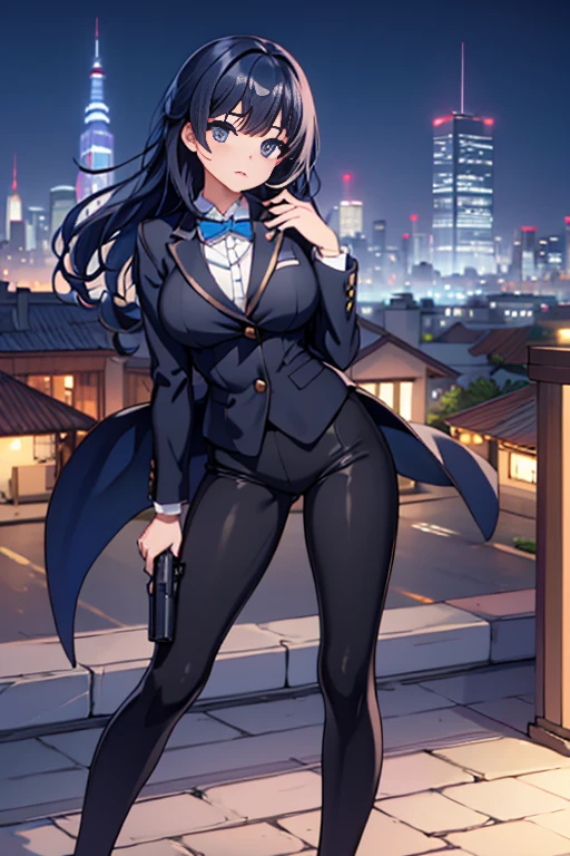 Highest quality、Ultra HD、One Woman、(long black hair 1.3)、(Black Suit 1.3)、(shirt)、(Black smart long pants 1.1)、(Slender body)、((1 who has a gun.5))、(Beautiful face with slits 1.2)、(Black leather shoes 1.2)、Large Breasts、tall、(Daytime city background 1.2)、((Clear and beautiful touch))、(3 Asian woman)