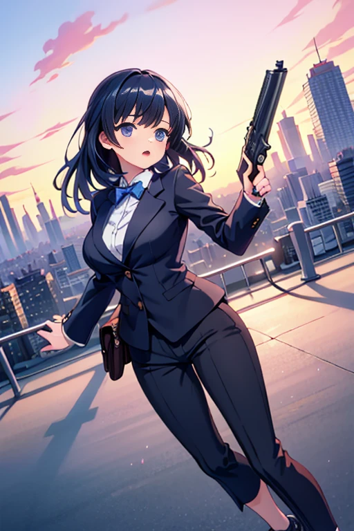 Highest quality、Ultra HD、One Woman、(long black hair 1.3)、(Black Suit 1.3)、(shirt)、(Black smart long pants 1.1)、(Slender body)、((1 who has a gun.5))、(Beautiful face with slits 1.2)、(Black leather shoes 1.2)、Large Breasts、tall、(Daytime city background 1.2)、((Clear and beautiful touch))、(3 Asian woman)