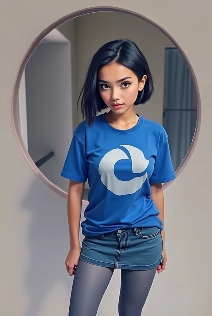 Sexy young woman straight black hair short denim skirt posing for a photo in a room