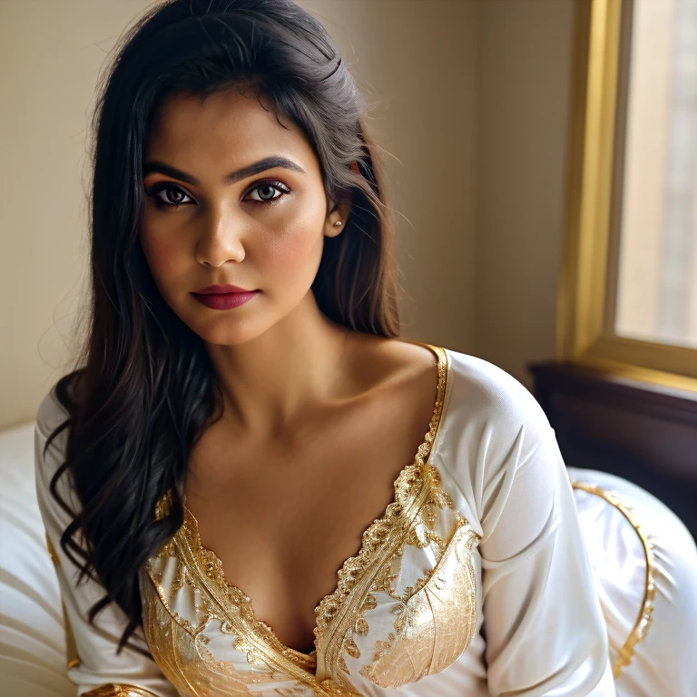 a beautiful young Mexican woman, detailed face, beautiful look rich in details, pale white skin, ((wearing short sexy pajamas with a black neckline with gold lace details with adjustments)), delicate look, getting ready to sleep, in her room, depth of field, ralista texture, exposed pores on the skin, real lighting, photo taken by a Sony Alpha 7R IV camera