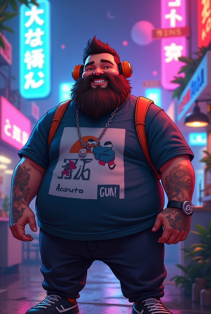 chubby man, bearded, nya, gamer and stylish, with ear expander

