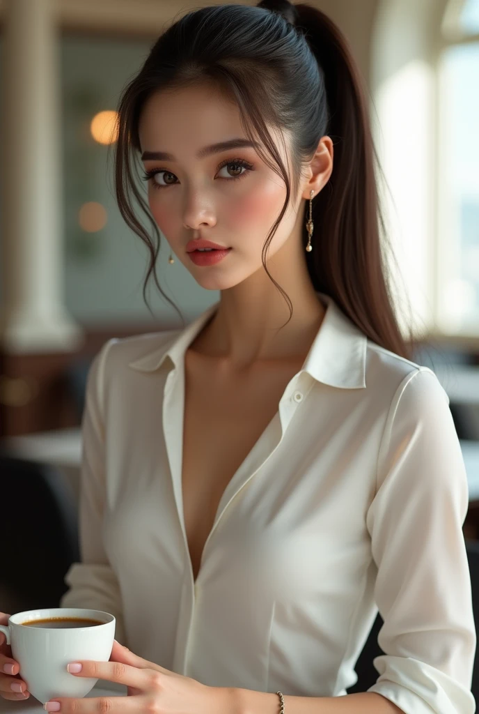 (Ssee-through) A gorgeous sexy brunette woman perfect 2 secretary straight hair with oily ponytail silky white skin (humide) fleshy lips, (photoreallistic:photoreallistic, 8K masterpiece), Chambre avec une chemise blanche maigre (Faits saillants des seins), Sit at a table in the restaurant,holding a coffee cup (Hyperrealistic: Realstic, Environments with intricate details), Traits sexy sur le visage: (texture & Environment Professional photography Pure and perfect lighting).