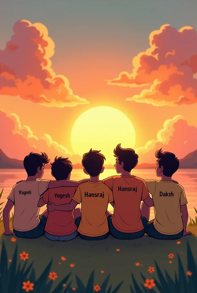 6th friends siting on the grass enjoying the view of sunset, one boy name is yogesh written on the t shirt, and 2nd boy name is hansraj written on the t shirt, and 3rd boy name is daksh written on the t shirt 2d cartoon 
