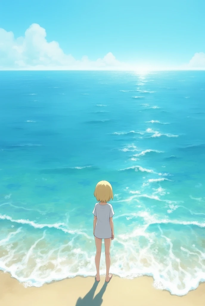 A blonde girl with short hair,white watching the sea,realisitic