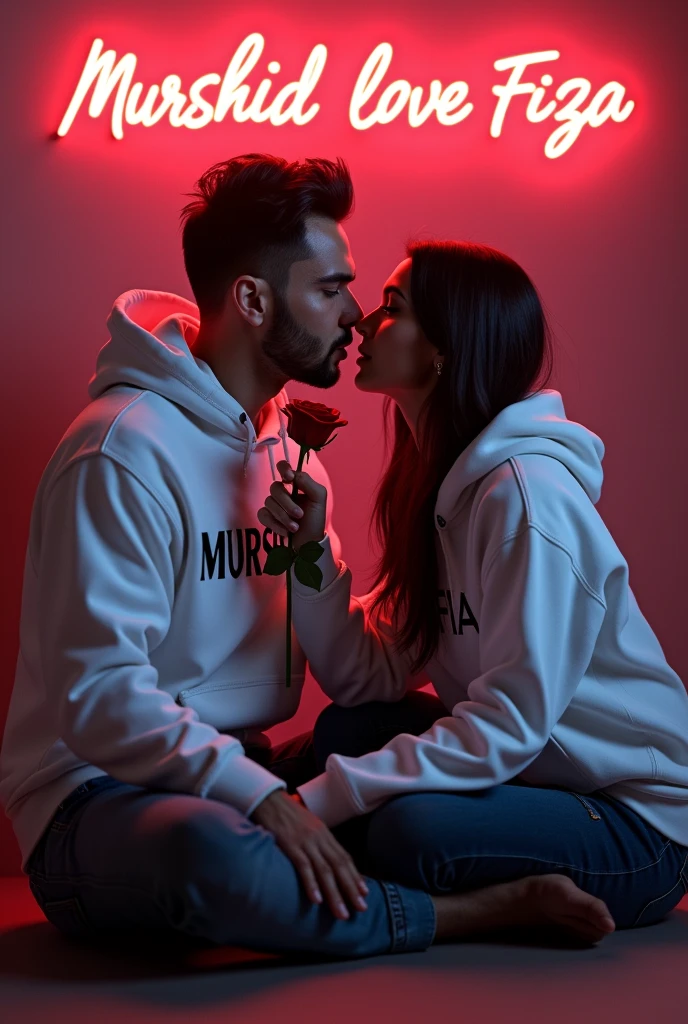 A 4k quality highly detailed Realistic portrait  camera facing Handsome 28 year guy with White Hoodie with 30 year beautiful mature women in a White Hoodie, the girl has a red rose flower in her hand and is sitting on down floor, with romantic mode, no smile, no curly hair , written text "Murshid" in the boy hoodie and "Fiza" in the women hoodie, and Murshid love Fiza is written on the neon light tubes  wall with neon  text behind.  
