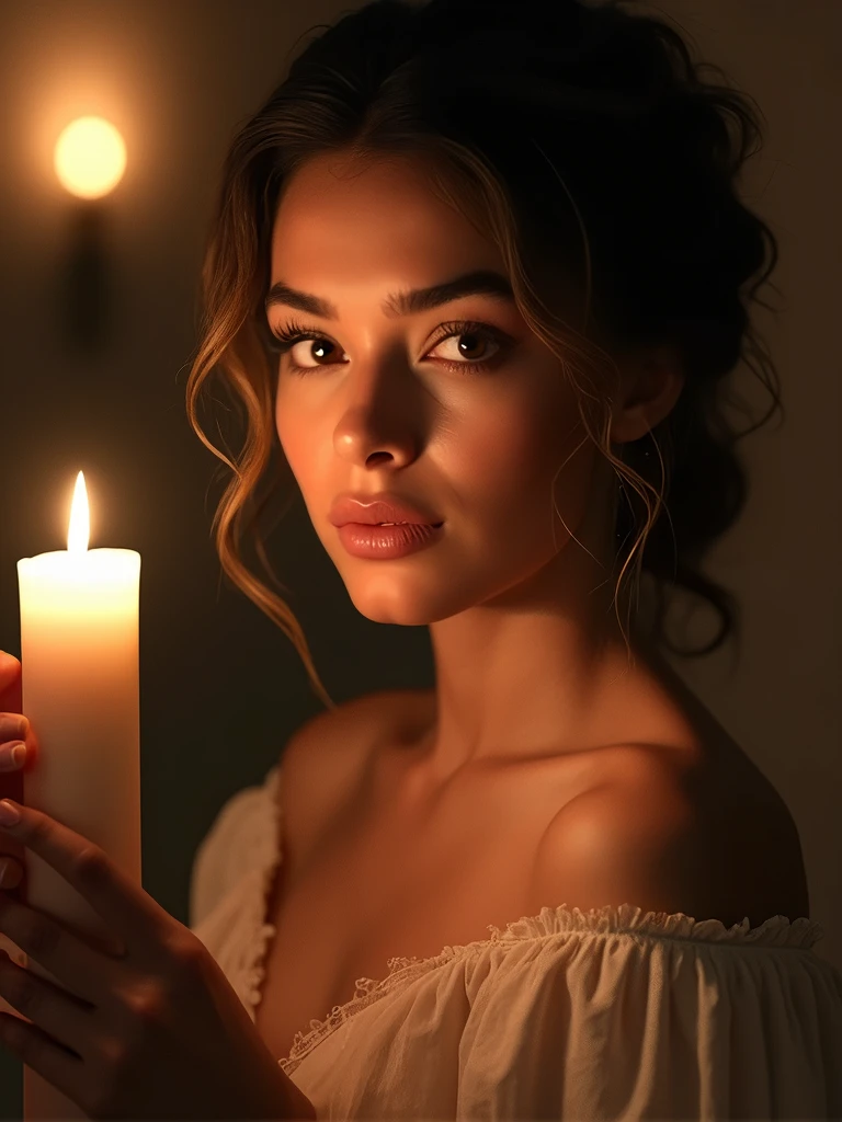 A candle-bearing ultra hot gorgeous European woman. Age 23. epic cleavage (100e size), detailed portrait, beautiful eyes, full lips, long eyelashes, intricate hairstyle, elegant dress, dramatic lighting, soft warm colors, renaissance style, photorealistic, 8k, high quality, masterpiece