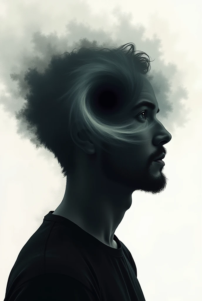 Make a wallpaper of a man with overthinking head don't show mans face make it minimal and make the head aura like blackhole make it animated art