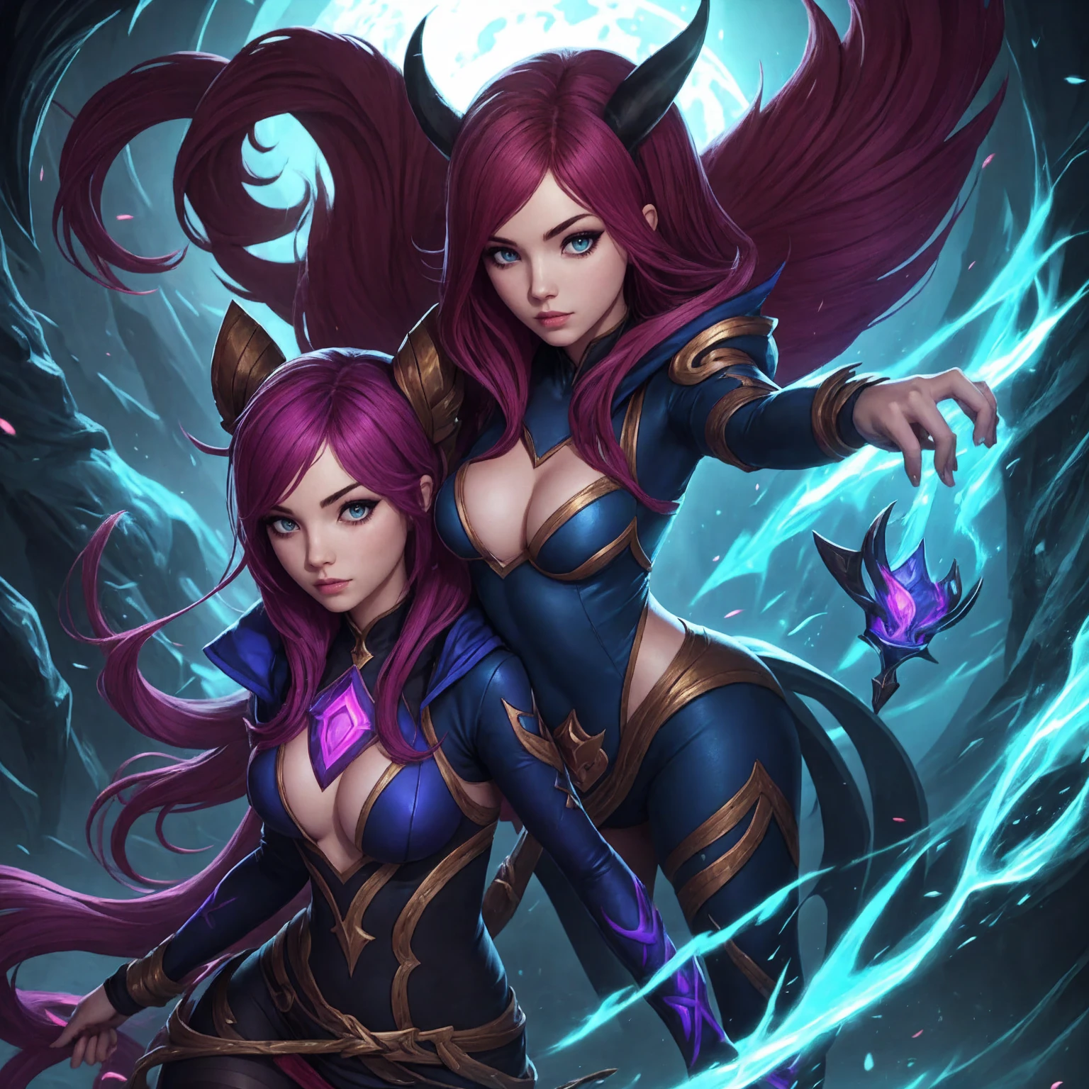 [League of Legends],Ari,Evelynn,where&#39;Are,1 girl,I look at the viewer ,realistic,Shiny skin,,custom bustier bodysuit,bare shoulders,Bare hands,bunny ears,fishing nets,Fishnet tights,giant breasts,(Beautiful face:1.1),(masterpiece, high quality:1.2)  giant breasts, Maternal, porcelain skin, Honey Blonde Hair, Very long hair, Wavy hair,mature woman,