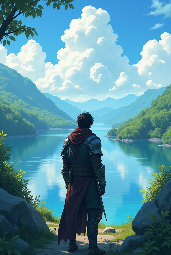 A man who after fighting looks at a beautiful landscape that brings him tranquility anime
